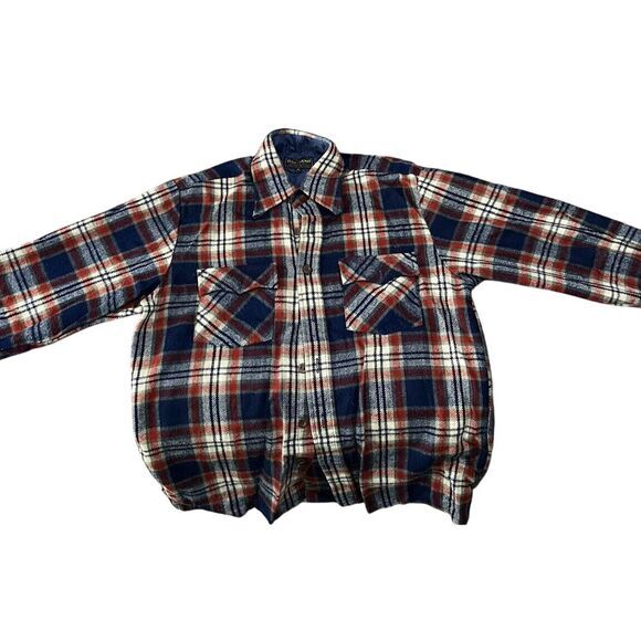 Woodland Men Size Med- 15-15.5 Virgin Acrylic Flannel Shirt Red Blue White Plaid - Picture 3 of 9